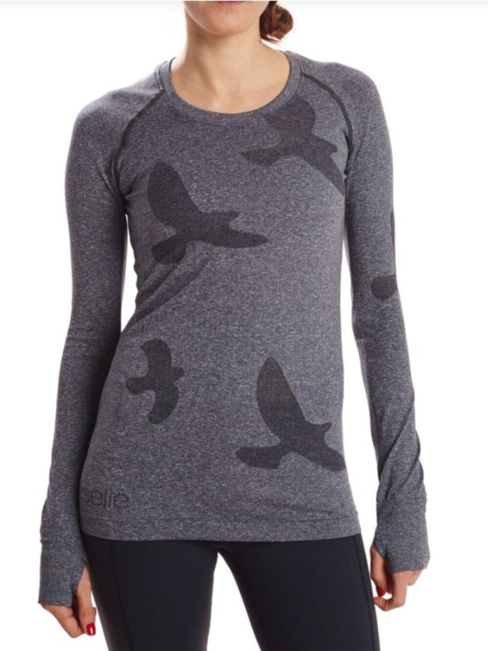 Like New! Oiselle Flyte Long Sleeve Gray Thumbhole Lightweight Seamless Birds M